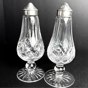 Vintage Waterford Crystal Lismore Footed Salt and Pepper Shaker Set Silver Lids